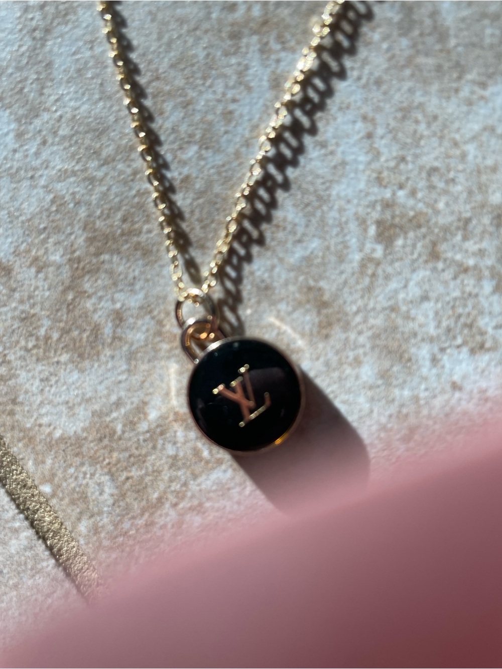 Upcycled Louis Vuitton Gold Chain Necklace with Black Round LV Pendant